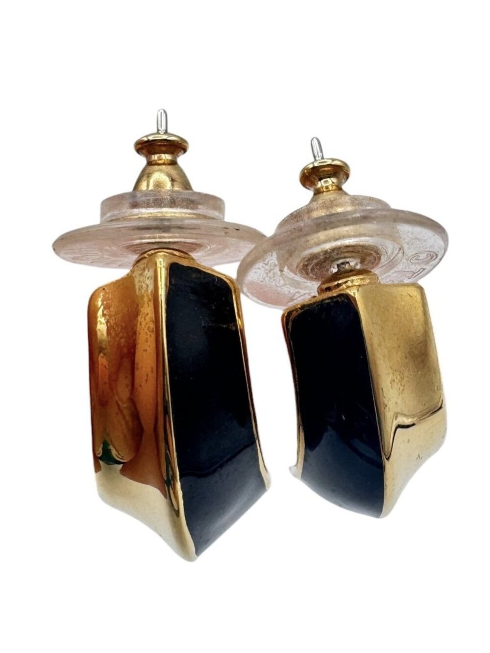 Vintage Monet Black and Gold Enamel Pierced Earrings Half Hoop Statement Chunky - Picture 5 of 12